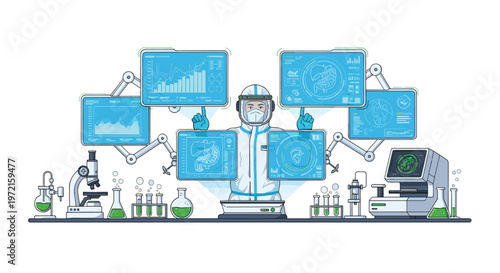 A professional scientist wearing a protective biohazard suit monitors several glowing holographic interfaces displaying detailed medical data within a modern laboratory setting.