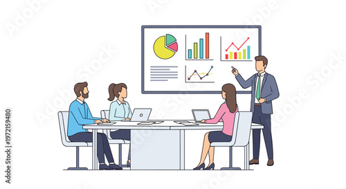 A professional businessman in a grey suit presents colorful data charts on a large digital screen to three attentive colleagues at a conference table.