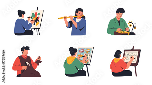 People Enjoying Creative Hobbies and Artistic Activities. Set of illustrations showing painting, music, crafting, drawing, and pottery.