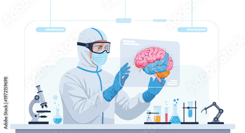 A meticulous scientist wearing a protective white hazmat suit and blue gloves interacts with a vibrant digital holographic display of a human brain.
