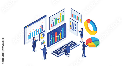 Diverse business experts collaborate around a massive computer keyboard while reviewing intricate data visualizations on large isometric digital screens.