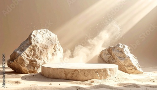 Beige Sand and Stone Platform with Dust Particles