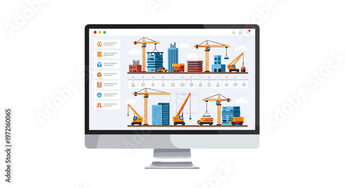 A sleek computer monitor displays a sophisticated construction management software interface featuring colorful cranes, buildings, and project timelines.