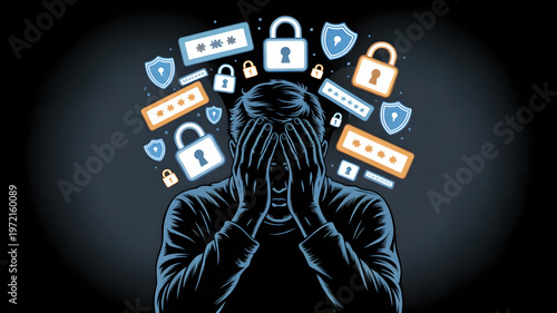 Man overwhelmed by password fatigue and digital security stress