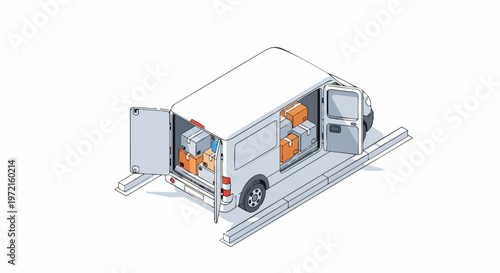 Isometric White Delivery Van with Open Doors and Cargo Boxes - Logistics and E-commerce Shipping Concept Line Art Illustration