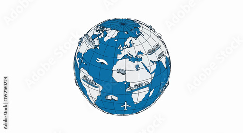 Global Logistics and Supply Chain Management Illustration with International Shipping Routes, Cargo Ships, Airplanes and Trucks on Earth Globe Map