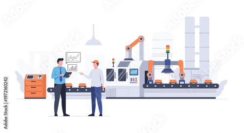 Two industrial workers discuss manufacturing processes while standing next to a large automated production machine featuring bright orange robotic arms and a conveyor belt.