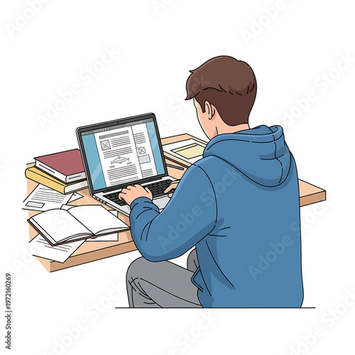 Young man studying on laptop computer.