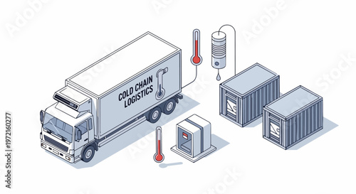 Cold Chain Logistics Isometric Illustration with Refrigerated Transport Truck, Shipping Containers, and Temperature Monitoring Sensors for Food and Pharmaceutical Supply Chain