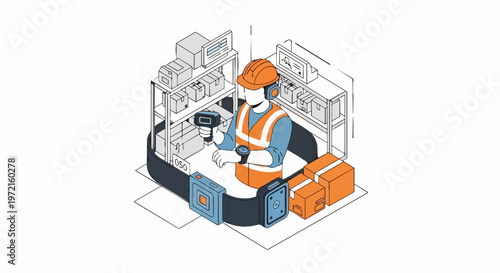 Isometric Warehouse Worker with Smart Scanner and Technology for Logistics and Supply Chain Management