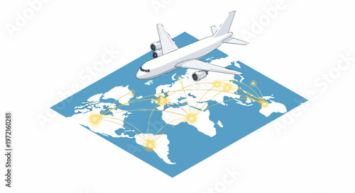 Isometric airplane flying over world map with global connection lines for logistics, international travel, and aviation network concept