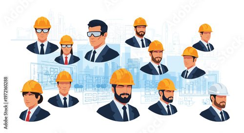 A diverse group of professional engineers wearing protective yellow hard hats and formal business suits is displayed against technical city blueprints.