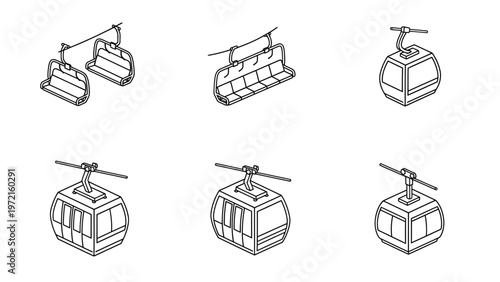 Cable Car and Ski Lift Icons Set. Isometric Outline Illustrations of Mountain Transport, Gondola, and Chairlift.