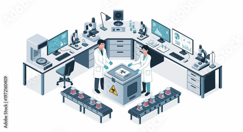 Isometric Medical Laboratory with Scientists Conducting Biohazard Research and Pharmaceutical Data Analysis