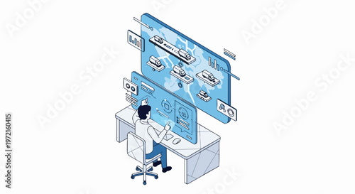 Smart Logistics and Fleet Management Isometric Illustration: Professional Operator Tracking Delivery Trucks on Interactive Digital Dashboard Screens