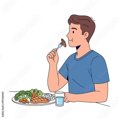 Man eating food with fork slowly.