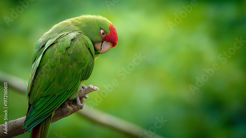disarranged. A colorful parrot preening a feather on a branch, soft morning light. wildlife magazines, conservation campaigns, designed for eco-tourism storytelling.