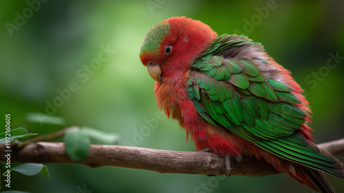 disarranged. A colorful parrot preening a feather on a branch, soft morning light. wildlife magazines, conservation campaigns, designed for eco-tourism storytelling.
