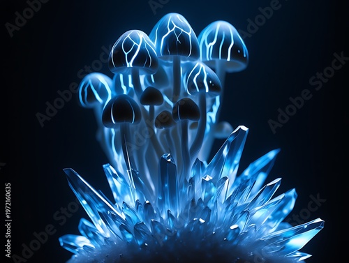 Wallpaper Mural Illuminated bioluminescent mushrooms growing from glowing blue crystals in a dark environment Torontodigital.ca