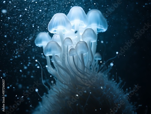 Wallpaper Mural Magical bioluminescent mushrooms glowing in a dark mystical forest environment with shimmering particles Torontodigital.ca