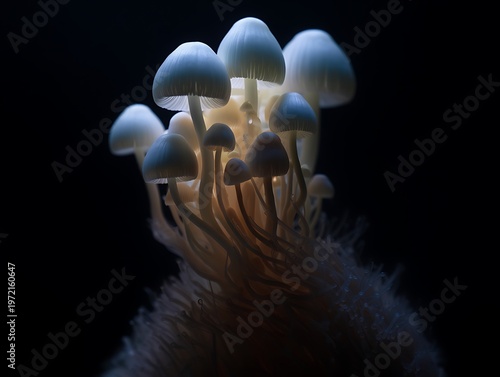 Wallpaper Mural Illuminated cluster of small pale mushrooms with delicate gills on a dark background Torontodigital.ca