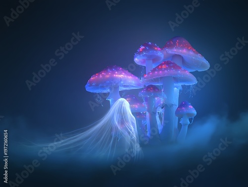 Wallpaper Mural Mystical glowing mushrooms illuminate a surreal fantasy forest with ethereal wisps of light Torontodigital.ca