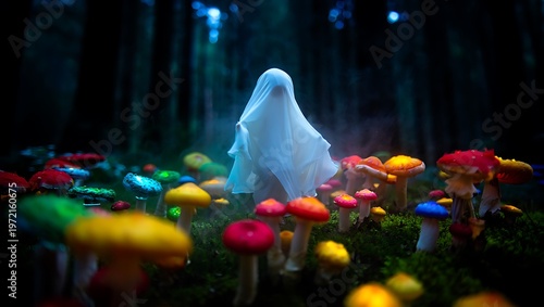 Wallpaper Mural Mysterious white ghost figure floats among a field of colorful glowing fantasy mushrooms in a dark forest setting Torontodigital.ca