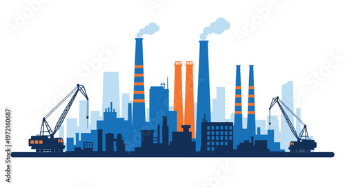 A striking blue and orange silhouette depicts a massive industrial factory complex featuring tall smoking chimneys and heavy construction cranes clearly.