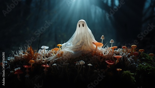 Wallpaper Mural Whimsical ghost covered by sheer fabric surrounded by bioluminescent mushrooms in a dark forest setting Torontodigital.ca