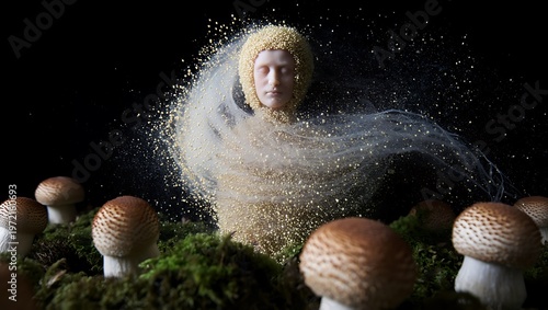 Wallpaper Mural Surreal miniature human head engulfed by shimmering particles and floating ethereal fabric amidst forest mushrooms Torontodigital.ca