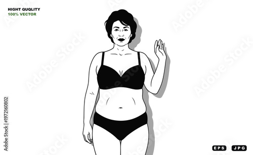A confident woman in black lingerie standing against a white background