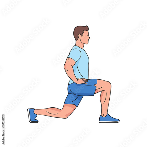 Man doing lunges exercise with hands on hips.