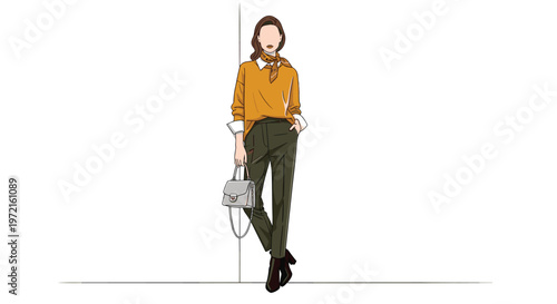 A sophisticated woman showcases a trendy autumn outfit featuring a bright orange sweater paired with olive green trousers and a stylish patterned neck scarf.