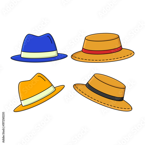 Vector illustration of a collection of fedora hats in various styles. Perfect for fashion, vintage, classic outfit, and stylish accessory design themes.