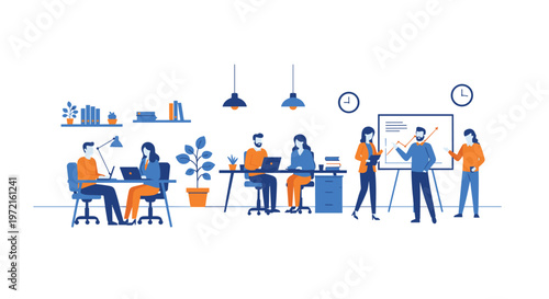 A group of professional office workers collaborate in a modern workspace featuring desks, computers, and a business presentation with a rising growth chart.