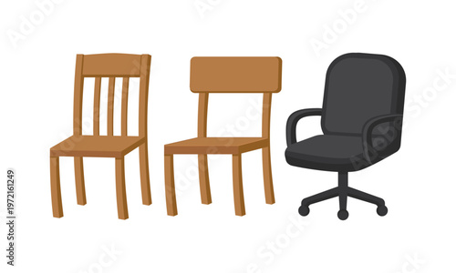 Vector illustration featuring a wooden chair and an office chair. Perfect for furniture, home interior, workspace, office environment, and modern lifestyle design themes.