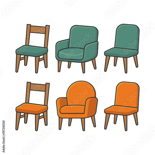 Vector illustration of a collection of chairs and sofas. Perfect for furniture, home interior, and living room design themes.