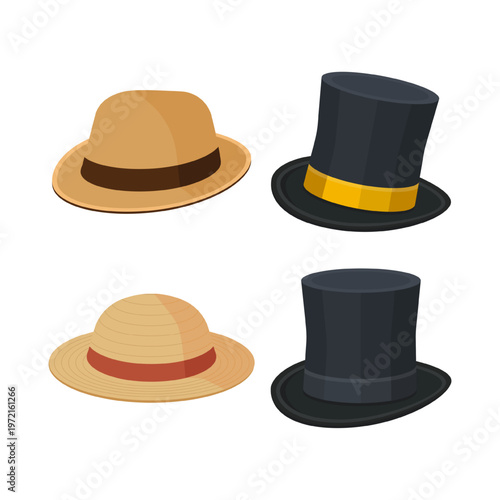 Vector illustration of four summer hats in brown and black colors. Perfect for fashion, summer accessories, vacation, beach style, and lifestyle design themes.