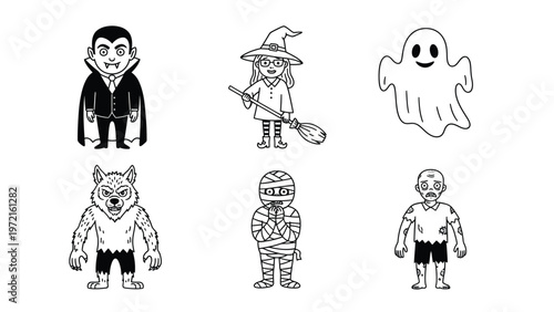 Cute Cartoon Halloween Monsters & Characters Collection: Vampire, Witch, Ghost, Werewolf, Mummy, Zombie Line Art