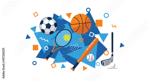 A dynamic and energetic composition of diverse sports equipment including a soccer ball, basketball, and tennis racket set against sharp blue geometric shapes.
