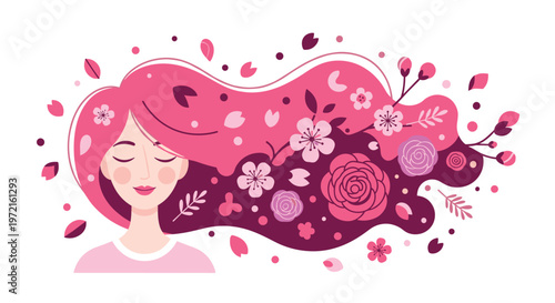 A peaceful woman with closed eyes rests amidst a sea of vibrant pink hair filled with detailed roses and cherry blossoms in a flat vector style.