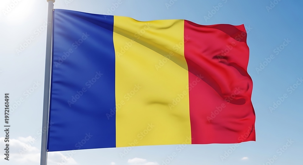 Fototapeta premium Romanian flag waving in sunlight against blue sky with gentle breeze