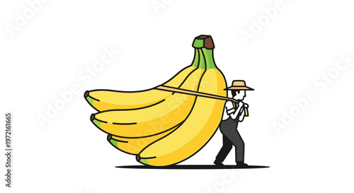 A diligent farmer wearing a traditional straw hat carries a massive bunch of ripe yellow bananas secured with a sturdy rope against a pristine white backdrop.