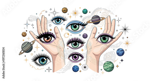 Hands with colorful eyes on palms.