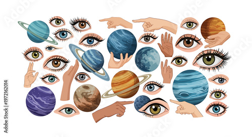 Eyes and planets collage illustration.