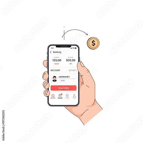 Hand holding smartphone with money transfer.