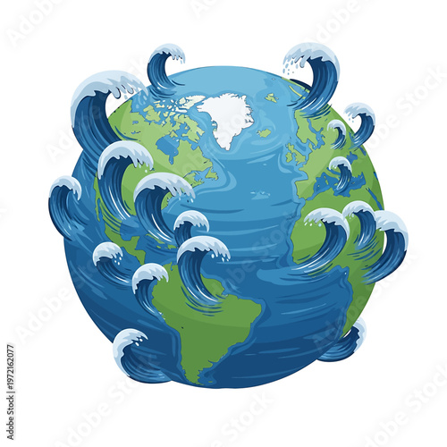 Earth Globe with Rising Ocean Waves.