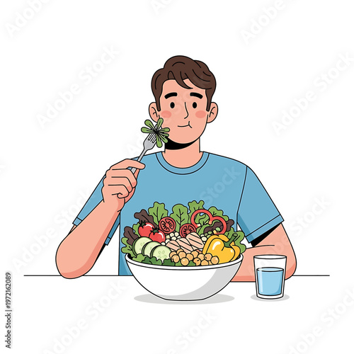 Man eating healthy salad with fork.