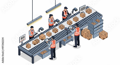 Isometric Warehouse Fulfillment Center Illustration: Logistics Staff Scanning Packages on Conveyor Belt for Global Shipping and Supply Chain Management