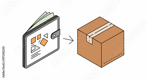 Payment and Delivery Concept Vector Illustration: Wallet with Cash and Shipping Box on White Background